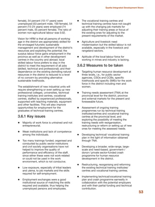 female), 54 percent (10-17 years) were
unemployed (53 percent male, 100 female), 54
percent (15-24 years) were employed (74
percent male, 55 percent female). The ratio of
women non-agricultural labour was 0.02.
Vision for HRM is that all persons of working
age in the district are appropriately skilled for
the envisaged futuristic sustainable
management and development of the district»s
resources and exploiting the potential; the
surplus labour force gains employment in the
province as well as in other development
centres in the country and abroad; local
skilled labour force prefers to stay in the
district to meet the requirement of all jobs
(skilled, technical and professional); and their
dependence on the existing dwindling natural
resources in the district is reduced to a level
of no concern by providing alternative
sustainable livelihoods.
The establishment of new industrial units will
require strengthening or even setting up new
professional colleges, universities, technical
training institutes and centres, vocational
centres, staffed by experienced professionals,
supported with teaching materials, equipment
and other facilities. This will also improve
opportunities for employment for the
graduates of technical training centres.
3.6.1 Key issues
Majority of work force is untrained and not
entrepreneurial.
Weak institutions and lack of competence
among the individuals.
Too many trainings funded, organised and
conducted by public sector institutions
and civil society organisations have not
helped to improve the quality of
performance and efficiency of the staff,
since either these were not work-related
or could not be used in the work
environment, which is not conducive.
Low exposure, especially of tribal leaders
and ulema, to job markets and the skills
required for self-employment.
Employment exchanges were a good
institutional source of matching the skills
required and available, thus helping the
unemployed persons and employees.
The vocational training centres and
technical training centres have not caught
up with the changing job markets for
adjusting their training areas or focus of
the existing ones for adjusting to the
present requirements of the market.
Agriculture and livestock need
modernisation but the skilled labour is not
available, especially in the livestock and
rangeland sectors.
Aptitude of the local labour force for
working in mines and industry is lacking.
3.6.2 Measures to be taken
Targeting human resource development at
three levels, i.e., for public sector
agencies, CSOs and CCBs, specific
livelihoods and specific SMEs for the work
force in the district including men and
women.
Training needs assessment (TNA) at the
provincial level for the district, province
and external markets for the present and
foreseeable future.
Assessment of ongoing training
programmes run by technical training
institutes/centres and vocational training
centres at the provincial level, and
exploring the possibility of meeting the
training needs with reorganisation,
restructuring or reform or setting up of new
ones for meeting the assessed needs.
Developing technical/ vocational training
plan in the light of information obtained
through TNA.
Developing a broader, wide-range, large-
scale and need-based, government-/
donor-/ private sector-funded crash
programme for human resource
development in the district.
Restructuring, reorganising and reforming
the existing technical training institutes/
centres and vocational training centres.
Implementing technical/vocational training
plan and crash programme earnestly in
collaboration with the potential employers
and with their partial funding and technical
contribution.
53
Quetta Integrated Development Vision
 