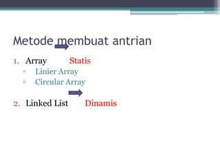 Metode membuat antrian
1. Array Statis
▫ Linier Array
▫ Circular Array
2. Linked List Dinamis
 