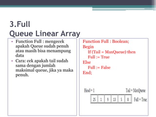 3.Full
Queue Linear Array
• Function Full : mengecek
apakah Queue sudah penuh
atau masih bisa menampung
data
• Cara: cek apakah tail sudah
sama dengan jumlah
maksimal queue, jika ya maka
penuh.
Function Full : Boolean;
Begin
If (Tail = MaxQueue) then
Full := True
Else
Full := False
End;
 