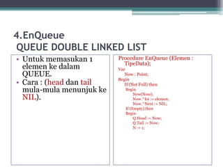 4.EnQueue
QUEUE DOUBLE LINKED LIST
• Untuk memasukan 1
elemen ke dalam
QUEUE.
• Cara : (head dan tail
mula-mula menunjuk ke
NIL).
Procedure EnQueue (Elemen :
TipeData);
Var
Now : Point;
Begin
If (Not Full) then
Begin
New(Now);
Now.^Isi := elemen;
Now.^Next := NIL;
If (Empty) then
Begin
Q.Head := Now;
Q.Tail := Now;
N := 1;
 