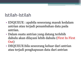 Istilah-Istilah
• ENQUEUE : apabila seseorang masuk kedalam
antrian atau terjadi penambahan data pada
antrian.
• Dalam suatu antrian yang datang terlebih
dahulu akan dilayani lebih dahulu (First In First
Out)
• DEQUEUE:bila seseorang keluar dari antrian
atau terjadi penghapusan data dari antrian
 
