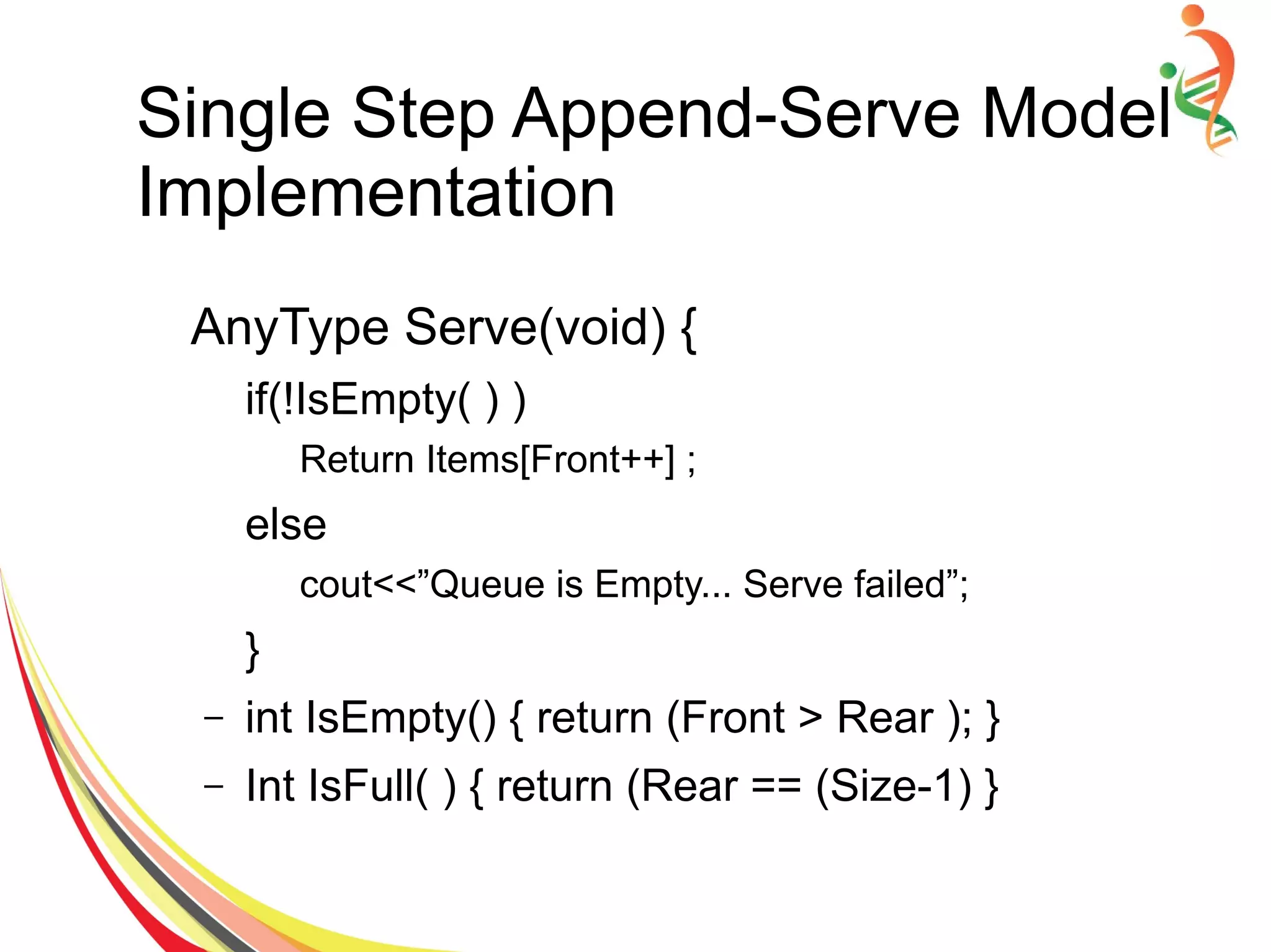 AnyType Serve(void) {
if(!IsEmpty( ) )
Return Items[Front++] ;
else
cout<<”Queue is Empty... Serve failed”;
}
– int IsEmpty() { return (Front > Rear ); }
– Int IsFull( ) { return (Rear == (Size-1) }
Single Step Append-Serve Model
Implementation
 