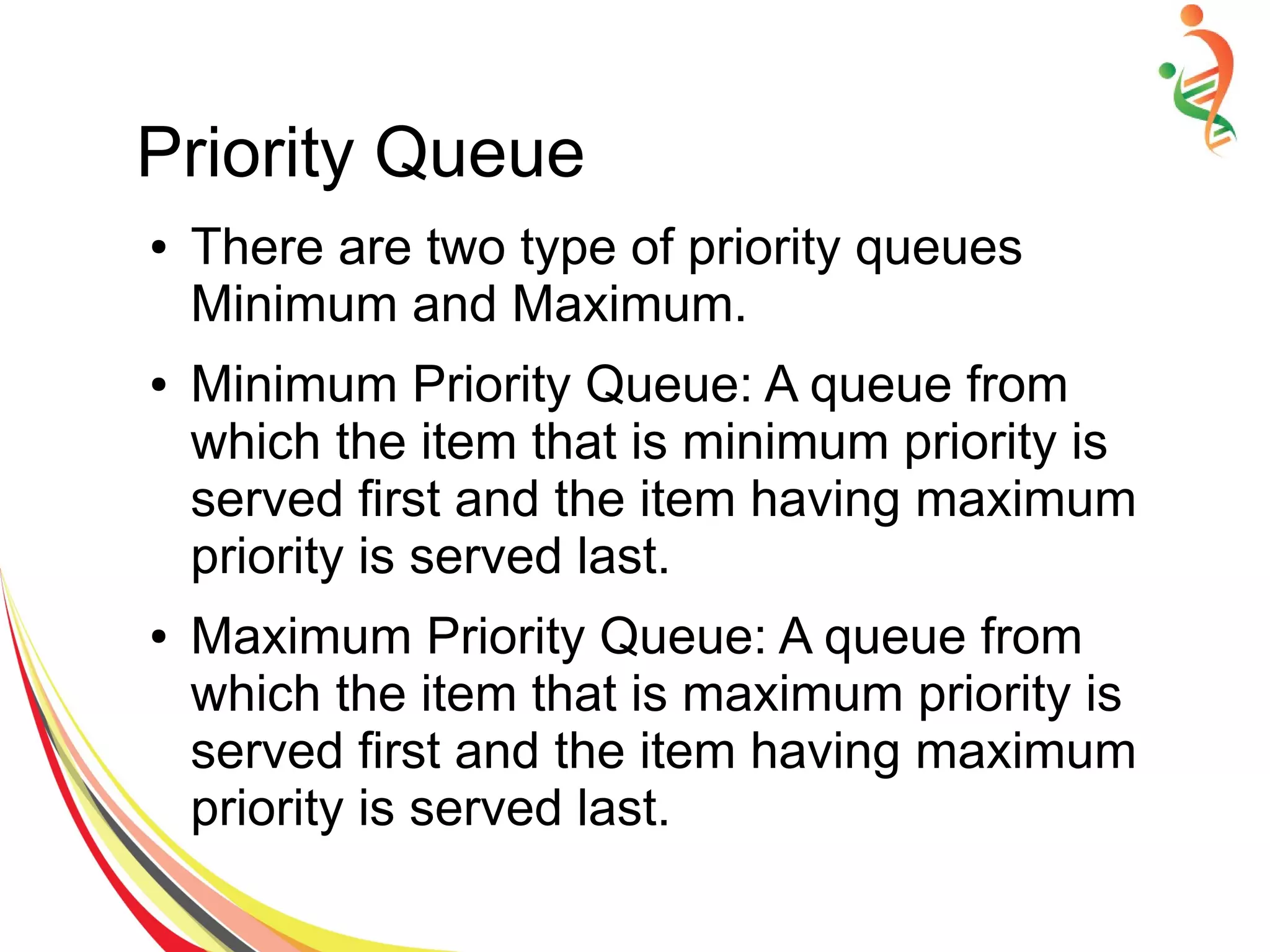Priority Queue
● There are two type of priority queues
Minimum and Maximum.
● Minimum Priority Queue: A queue from
which the item that is minimum priority is
served first and the item having maximum
priority is served last.
● Maximum Priority Queue: A queue from
which the item that is maximum priority is
served first and the item having maximum
priority is served last.
 