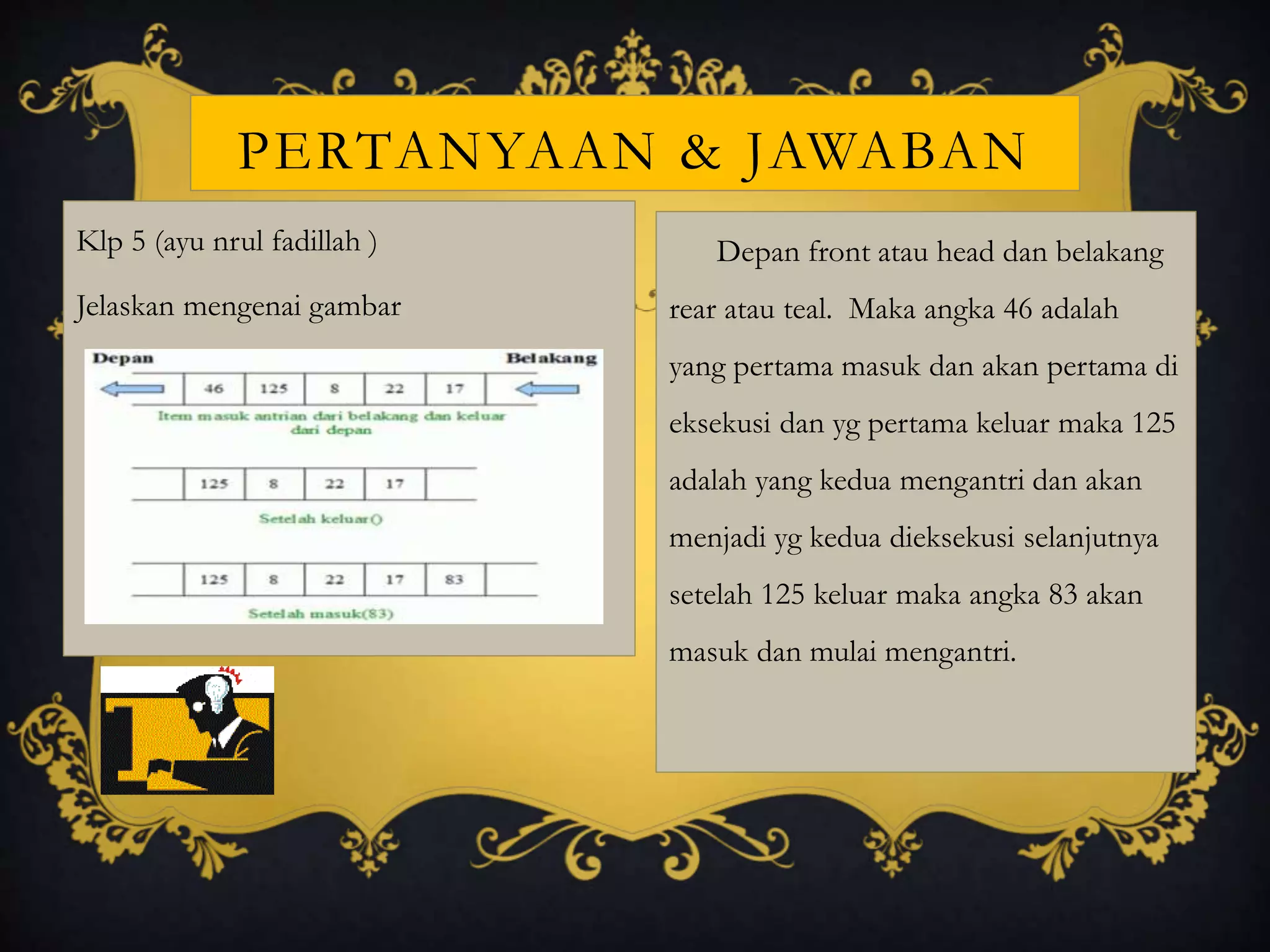 Klp 5 (ayu nrul fadillah )
Jelaskan mengenai gambar
PERTANYAAN & JAWABAN
Depan front atau head dan belakang
rear atau teal. Maka angka 46 adalah
yang pertama masuk dan akan pertama di
eksekusi dan yg pertama keluar maka 125
adalah yang kedua mengantri dan akan
menjadi yg kedua dieksekusi selanjutnya
setelah 125 keluar maka angka 83 akan
masuk dan mulai mengantri.
 