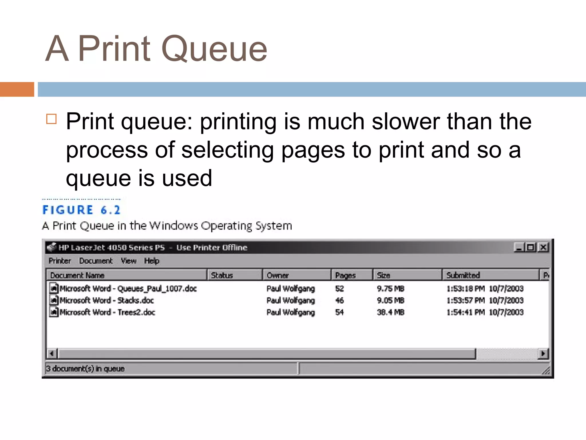 A Print Queue
 Print queue: printing is much slower than the
process of selecting pages to print and so a
queue is used
 