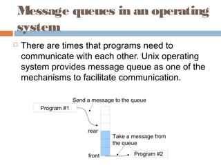  
Program #1
Program #2front
rear
Send a message to the queue
Take a message from
the queue
Message queues in an operating
system
 There are times that programs need to
communicate with each other. Unix operating
system provides message queue as one of the
mechanisms to facilitate communication.
 