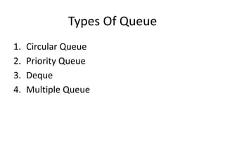 Types Of Queue
1. Circular Queue
2. Priority Queue
3. Deque
4. Multiple Queue
 