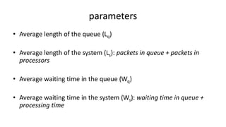 parameters
• Average length of the queue (Lq)
• Average length of the system (Ls): packets in queue + packets in
processors
• Average waiting time in the queue (Wq)
• Average waiting time in the system (Ws): waiting time in queue +
processing time
 