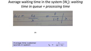 Average waiting time in the system (Ws): waiting
time in queue + processing time
OR
 