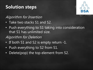 Solution steps
Algorithm for Insertion
• Take two stacks S1 and S2.
• Push everything to S1 taking into consideration
that S1 has unlimited size.
Algorithm for Deletion
• If both S1 and S2 is empty return -1.
• Push everything to S2 from S1.
• Delete(pop) the top element from S2.
 