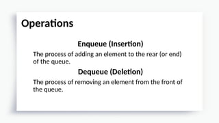 Enqueue (Insertion)
The process of adding an element to the rear (or end)
of the queue.
Dequeue (Deletion)
The process of removing an element from the front of
the queue.
Operations
 