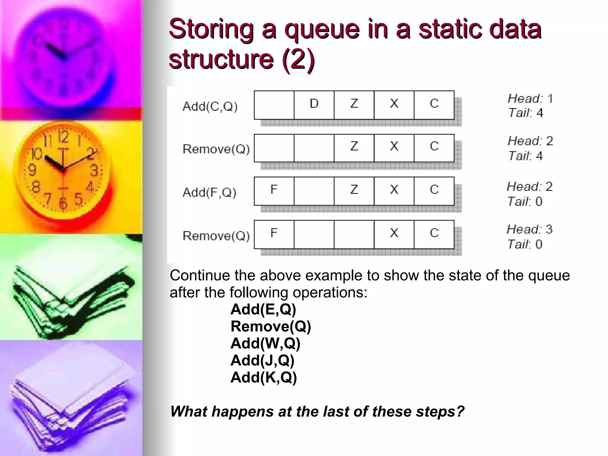 Storing a queue in a static data structure (2) Continue the above example to show the state of the queue after the following operations: Add(E,Q) Remove(Q) Add(W,Q) Add(J,Q) Add(K,Q) What happens at the last of these steps? 