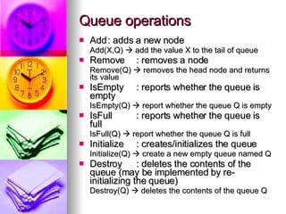 Queue operations Add : adds a new node Add(X,Q)    add the value X to the tail of queue Remove : removes a node Remove(Q)    removes the head node and returns its value IsEmpty : reports whether the queue is empty IsEmpty(Q)    report whether the queue Q is empty IsFull : reports whether the queue is full IsFull(Q)    report whether the queue Q is full  Initialize : creates/initializes the queue Initialize(Q)    create a new empty queue named Q Destroy : deletes the contents of the queue (may be implemented by re-initializing the queue) Destroy(Q)    deletes the contents of the queue Q 