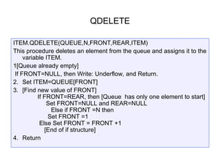 QDELETE
ITEM.QDELETE(QUEUE,N,FRONT,REAR,ITEM)
This procedure deletes an element from the queue and assigns it to the
variable ITEM.
1[Queue already empty]
If FRONT=NULL, then Write: Underflow, and Return.
2. Set ITEM=QUEUE[FRONT]
3. [Find new value of FRONT]
If FRONT=REAR, then [Queue has only one element to start]
Set FRONT=NULL and REAR=NULL
Else if FRONT =N then
Set FRONT =1
Else Set FRONT = FRONT +1
[End of if structure]
4. Return
 