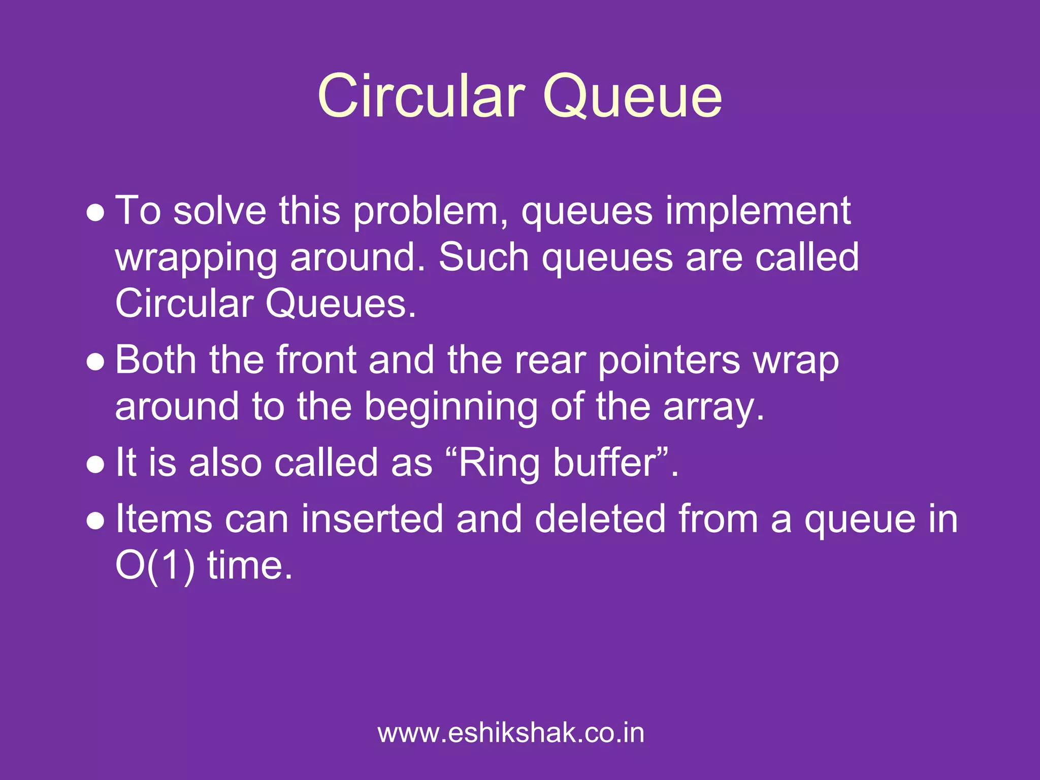 Circular Queue
● To solve this problem, queues implement
  wrapping around. Such queues are called
  Circular Queues.
● Both the front and the rear pointers wrap
  around to the beginning of the array.
● It is also called as “Ring buffer”.
● Items can inserted and deleted from a queue in
  O(1) time.



                www.eshikshak.co.in
 