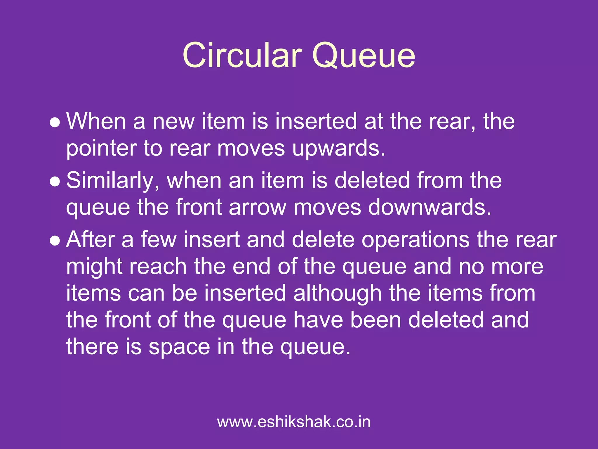 Circular Queue
● When a new item is inserted at the rear, the
  pointer to rear moves upwards.
● Similarly, when an item is deleted from the
  queue the front arrow moves downwards.
● After a few insert and delete operations the rear
  might reach the end of the queue and no more
  items can be inserted although the items from
  the front of the queue have been deleted and
  there is space in the queue.


                www.eshikshak.co.in
 