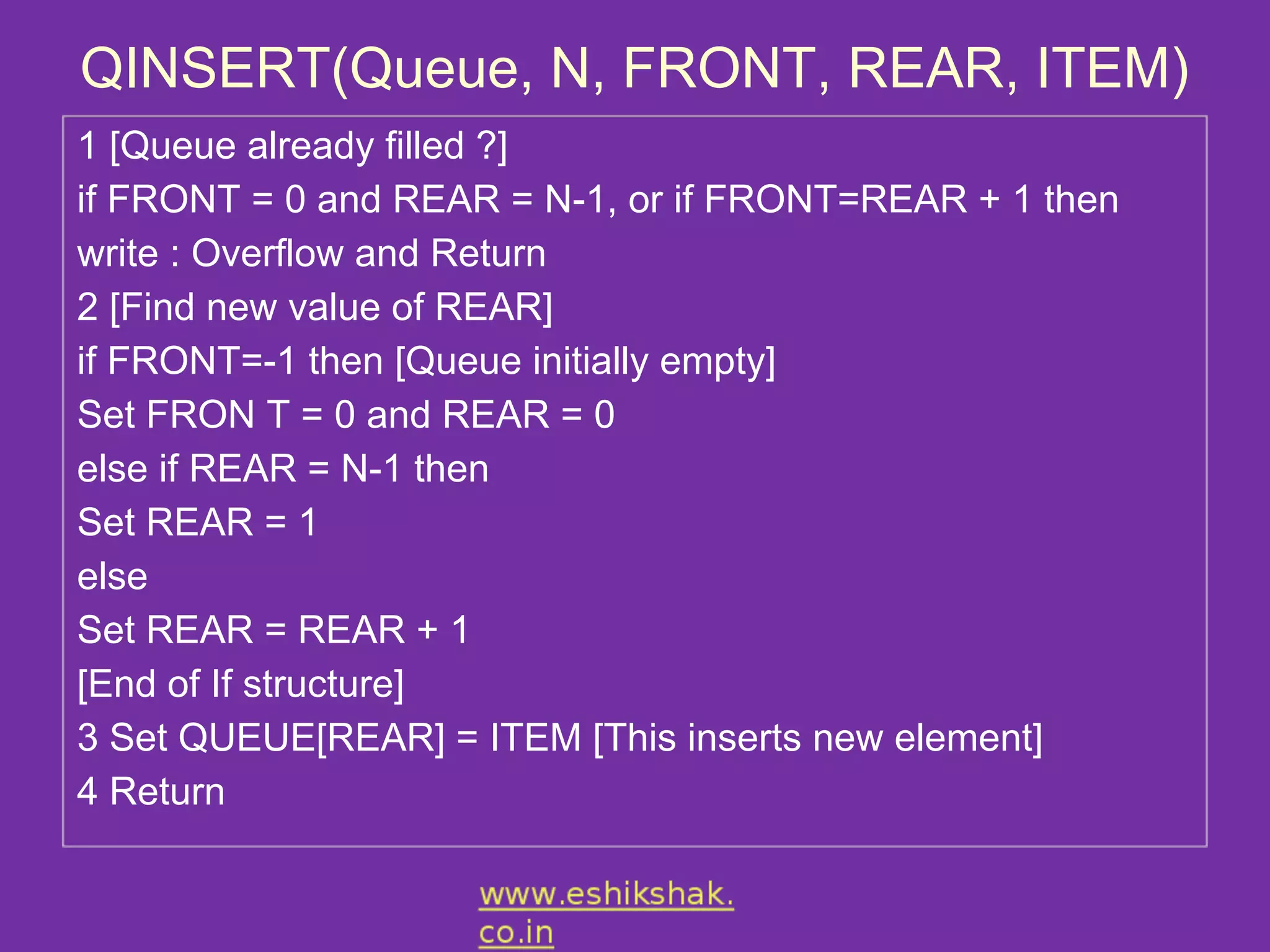 QINSERT(Queue, N, FRONT, REAR, ITEM)
1 [Queue already filled ?]
if FRONT = 0 and REAR = N-1, or if FRONT=REAR + 1 then
write : Overflow and Return
2 [Find new value of REAR]
if FRONT=-1 then [Queue initially empty]
Set FRON T = 0 and REAR = 0
else if REAR = N-1 then
Set REAR = 1
else
Set REAR = REAR + 1
[End of If structure]
3 Set QUEUE[REAR] = ITEM [This inserts new element]
4 Return
 