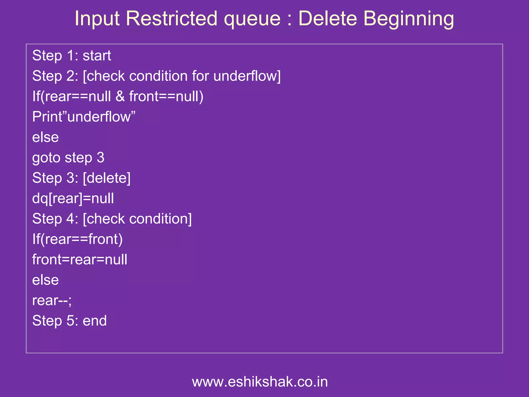 Input Restricted queue : Delete Beginning
Step 1: start
Step 2: [check condition for underflow]
If(rear==null & front==null)
Print”underflow”
else
goto step 3
Step 3: [delete]
dq[rear]=null
Step 4: [check condition]
If(rear==front)
front=rear=null
else
rear--;
Step 5: end



                         www.eshikshak.co.in
 