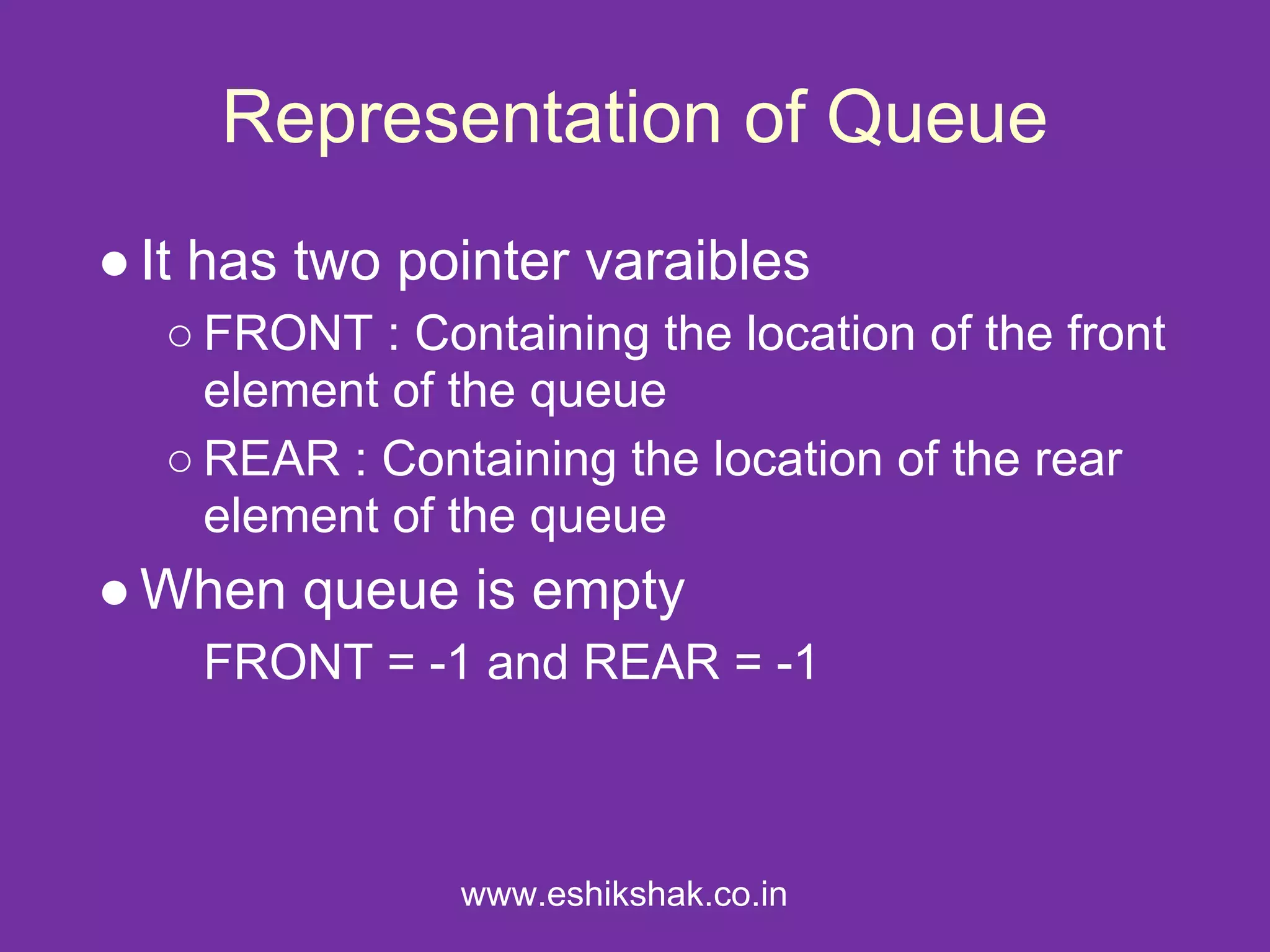 Representation of Queue
● It has two pointer varaibles
  ○ FRONT : Containing the location of the front
    element of the queue
  ○ REAR : Containing the location of the rear
    element of the queue
● When queue is empty
    FRONT = -1 and REAR = -1



               www.eshikshak.co.in
 