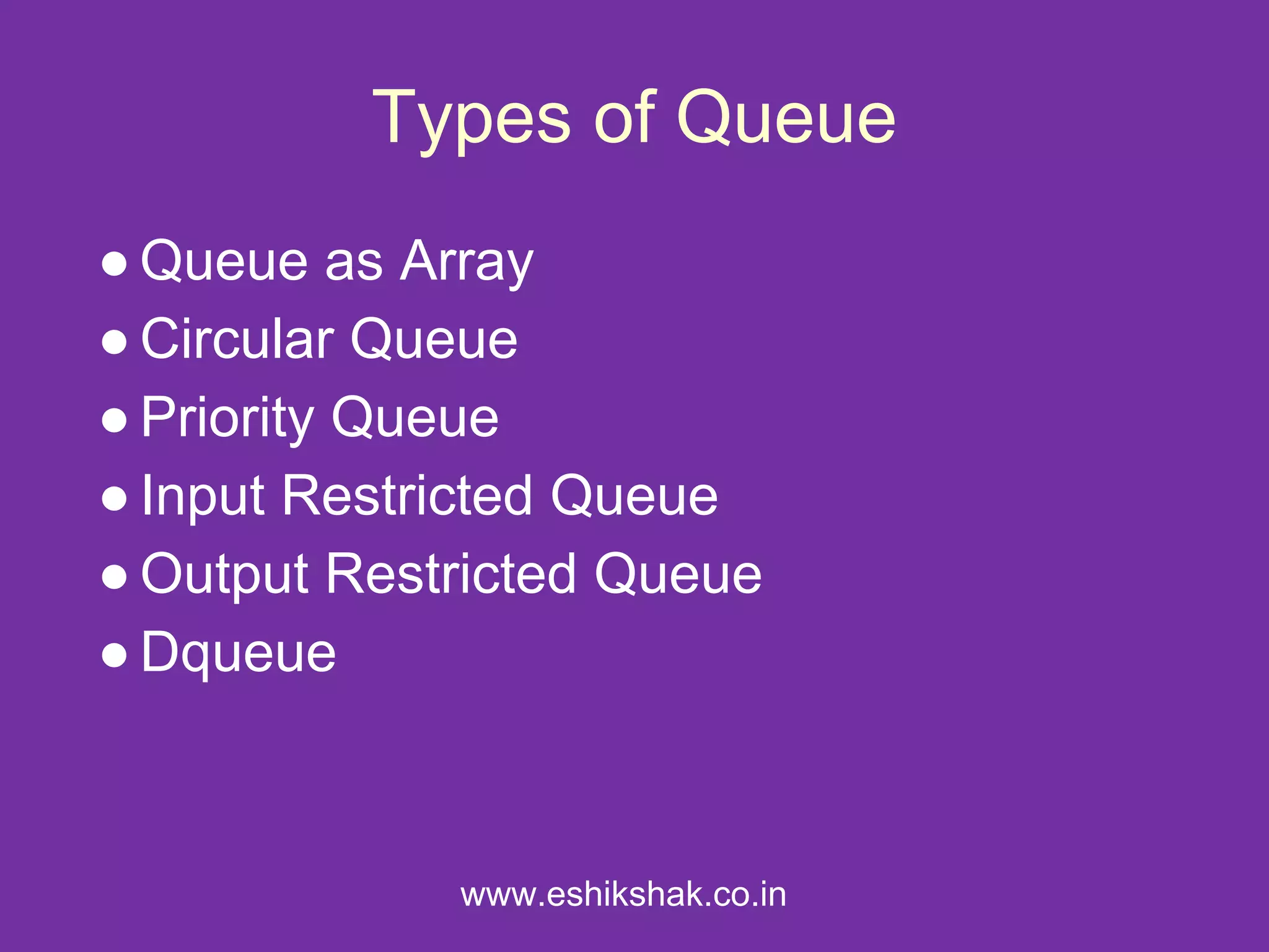 Types of Queue
● Queue as Array
● Circular Queue
● Priority Queue
● Input Restricted Queue
● Output Restricted Queue
● Dqueue



             www.eshikshak.co.in
 