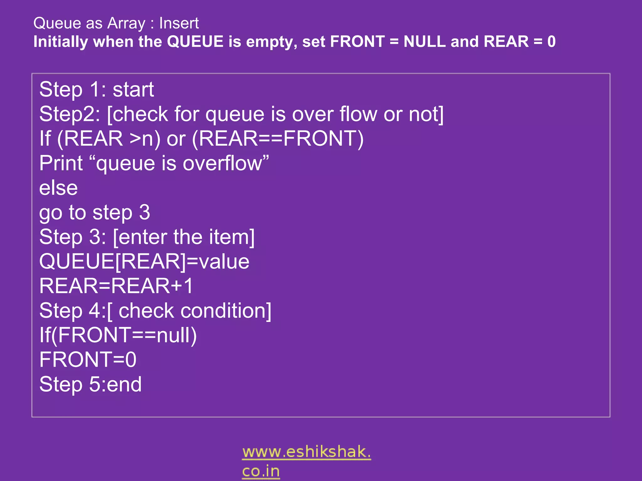 Queue as Array : Insert
Initially when the QUEUE is empty, set FRONT = NULL and REAR = 0


Step 1: start
Step2: [check for queue is over flow or not]
If (REAR >n) or (REAR==FRONT)
Print “queue is overflow”
else
go to step 3
Step 3: [enter the item]
QUEUE[REAR]=value
REAR=REAR+1
Step 4:[ check condition]
If(FRONT==null)
FRONT=0
Step 5:end
 