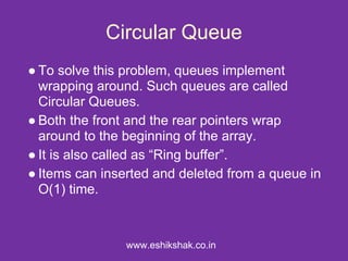 Circular Queue
● To solve this problem, queues implement
  wrapping around. Such queues are called
  Circular Queues.
● Both the front and the rear pointers wrap
  around to the beginning of the array.
● It is also called as “Ring buffer”.
● Items can inserted and deleted from a queue in
  O(1) time.



                www.eshikshak.co.in
 