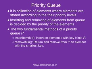 Priority Queue
● It is collection of elements where elements are
  stored according to the their priority levels
● Inserting and removing of elements from queue
  is decided by the priority of the elements
● The two fundamental methods of a priority
  queue P:
   ○ insertItem(k,e): Insert an element e with key k into P.
   ○ removeMin(): Return and remove from P an element
     with the smallest key.




                   www.eshikshak.co.in
 