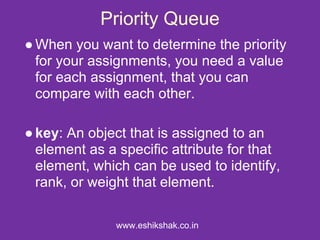 Priority Queue
● When you want to determine the priority
  for your assignments, you need a value
  for each assignment, that you can
  compare with each other.

● key: An object that is assigned to an
  element as a specific attribute for that
  element, which can be used to identify,
  rank, or weight that element.

               www.eshikshak.co.in
 