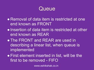 Queue
● Removal of data item is restricted at one
  end known as FRONT
● Insertion of data item is restricted at other
  end known as REAR
● The FRONT and REAR are used in
  describing a linear list, when queue is
  implemented
● First element inserted in list, will be the
  first to be removed - FIFO
               www.eshikshak.co.in
 