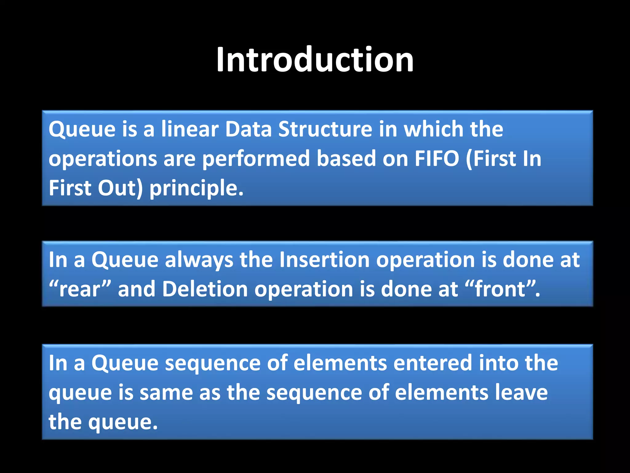Introduction
Queue is a linear Data Structure in which the
operations are performed based on FIFO (First In
First Out) principle.
In a Queue always the Insertion operation is done at
“rear” and Deletion operation is done at “front”.
In a Queue sequence of elements entered into the
queue is same as the sequence of elements leave
the queue.
 