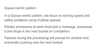 Queue centric pattern
In a Queue centric pattern, we focus on solving speed and
safety problems using multiple queues.
Worker processors at each level pick a message, processes
it and drops it into next bucket on completion.
Failures during the processing will prompt for another trial;
eventually pushing onto the next bucket.
 