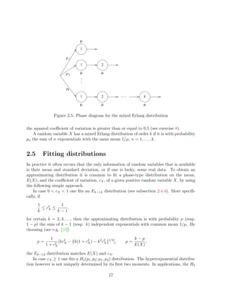 µ

                               1

                       p1
                               1            2

                       p2      µ            µ



                       pk

                               1            2                      k

                               µ            µ                      µ


               Figure 2.5: Phase diagram for the mixed Erlang distribution

the squared coeﬃcient of variation is greater than or equal to 0.5 (see exercise 8).
   A random variable X has a mixed Erlang distribution of order k if it is with probability
pn the sum of n exponentials with the same mean 1/µ, n = 1, . . . , k.


2.5      Fitting distributions
In practice it often occurs that the only information of random variables that is available
is their mean and standard deviation, or if one is lucky, some real data. To obtain an
approximating distribution it is common to ﬁt a phase-type distribution on the mean,
E(X), and the coeﬃcient of variation, cX , of a given positive random variable X, by using
the following simple approach.
    In case 0 < cX < 1 one ﬁts an Ek−1,k distribution (see subsection 2.4.4). More speciﬁ-
cally, if
      1         1
        ≤ c2 ≤
           X       ,
      k        k−1
for certain k = 2, 3, . . ., then the approximating distribution is with probability p (resp.
1 − p) the sum of k − 1 (resp. k) independent exponentials with common mean 1/µ. By
choosing (see e.g. [28])

              1                                              k−p
      p=          [kc2 − {k(1 + c2 ) − k 2 c2 }1/2 ],   µ=        ,
           1 + cX X
                2                X          X
                                                             E(X)

the Ek−1,k distribution matches E(X) and cX .
    In case cX ≥ 1 one ﬁts a H2 (p1 , p2 ; µ1 , µ2 ) distribution. The hyperexponential distribu-
tion however is not uniquely determined by its ﬁrst two moments. In applications, the H2

                                                17
 