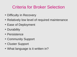 Criteria for Broker Selection
➔   Difficulty in Recovery
➔   Relatively low level of required maintenance
➔   Ease of Deployment
➔   Durability
➔   Persistence
➔   Community Support
➔   Cluster Support
➔   What language is it written in?
 