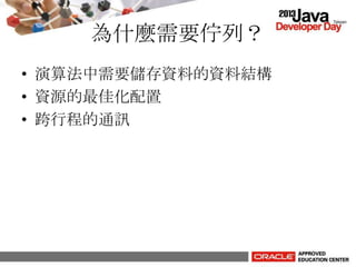 為什麼需要佇列？
• 演算法中需要儲存資料的資料結構
• 資源的最佳化配置
• 跨行程的通訊
 
