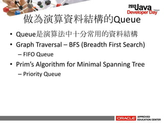 做為演算資料結構的Queue
• Queue是演算法中十分常用的資料結構
• Graph Traversal – BFS (Breadth First Search)
– FIFO Queue
• Prim’s Algorithm for Minimal Spanning Tree
– Priority Queue
 