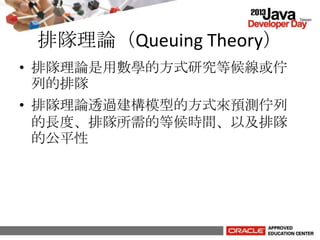 排隊理論（Queuing Theory）
• 排隊理論是用數學的方式研究等候線或佇
列的排隊
• 排隊理論透過建構模型的方式來預測佇列
的長度、排隊所需的等候時間、以及排隊
的公平性
 