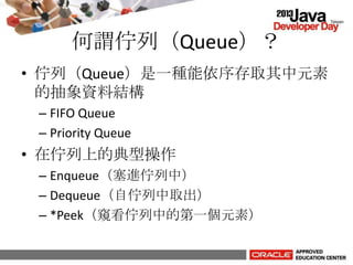 何謂佇列（Queue）？
• 佇列（Queue）是一種能依序存取其中元素
的抽象資料結構
– FIFO Queue
– Priority Queue
• 在佇列上的典型操作
– Enqueue（塞進佇列中）
– Dequeue（自佇列中取出）
– *Peek（窺看佇列中的第一個元素）
 