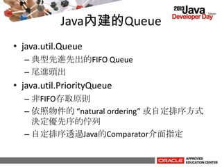 Java內建的Queue
• java.util.Queue
– 典型先進先出的FIFO Queue
– 尾進頭出
• java.util.PriorityQueue
– 非FIFO存取原則
– 依照物件的 “natural ordering” 或自定排序方式
決定優先序的佇列
– 自定排序透過Java的Comparator介面指定
 