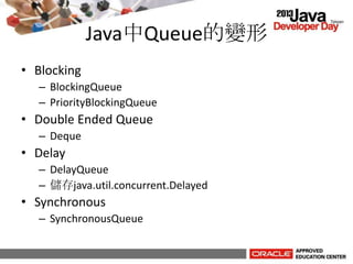 Java中Queue的變形
• Blocking
– BlockingQueue
– PriorityBlockingQueue
• Double Ended Queue
– Deque
• Delay
– DelayQueue
– 儲存java.util.concurrent.Delayed
• Synchronous
– SynchronousQueue
 