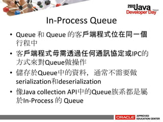 In-Process Queue
• Queue 和 Queue 的客戶端程式位在同一個
行程中
• 客戶端程式毋需透過任何通訊協定或IPC的
方式來對Queue做操作
• 儲存於Queue中的資料，通常不需要做
serialization和deserialization
• 像Java collection API中的Queue族系都是屬
於In-Process 的 Queue
 