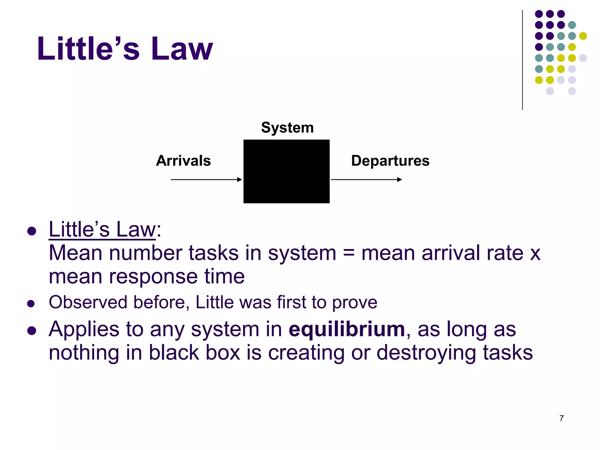 7
Little’s Law
 Little’s Law:
Mean number tasks in system = mean arrival rate x
mean response time
 Observed before, Little was first to prove
 Applies to any system in equilibrium, as long as
nothing in black box is creating or destroying tasks
Arrivals Departures
System
 