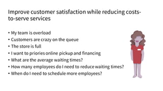 Improve customer satisfaction while reducing costs-
to-serve services
• My team is overload
• Customers are crazy on the queue
• The store is full
• I want to priories online pickup and financing
• What are the average waiting times?
• How many employees do I need to reducewaiting times?
• When do I need to schedule more employees?
 