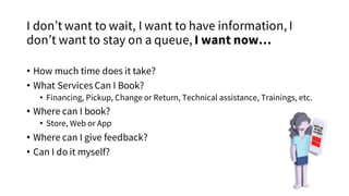 I don’t want to wait, I want to have information, I
don’t want to stay on a queue, I want now…
• How much time does it take?
• What Services Can I Book?
• Financing, Pickup, Change or Return, Technical assistance, Trainings, etc.
• Where can I book?
• Store, Web or App
• Where can I give feedback?
• Can I do it myself?
 