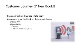 Customer Journey: 1º New Book!!
• Push notification, How can I help you?
• Customers open the kiosk on their smartphones
• Without APP
• Physical Web
• Android
• iOS with installed Google App
 