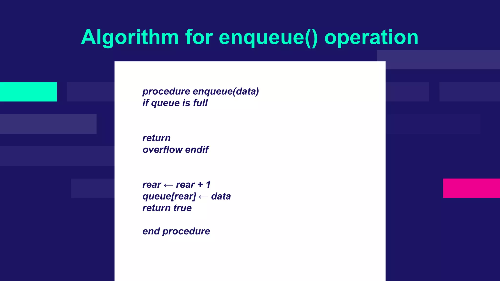 procedure enqueue(data)
if queue is full
return
overflow endif
rear ← rear + 1
queue[rear] ← data
return true
end procedure
Algorithm for enqueue() operation
 