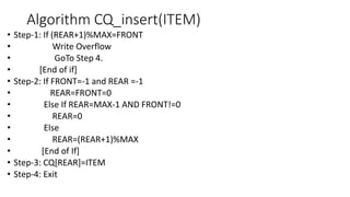 Algorithm CQ_insert(ITEM)
• Step-1: If (REAR+1)%MAX=FRONT
• Write Overflow
• GoTo Step 4.
• [End of if]
• Step-2: If FRONT=-1 and REAR =-1
• REAR=FRONT=0
• Else If REAR=MAX-1 AND FRONT!=0
• REAR=0
• Else
• REAR=(REAR+1)%MAX
• [End of If]
• Step-3: CQ[REAR]=ITEM
• Step-4: Exit
 