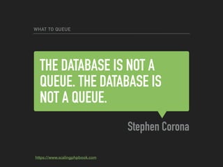 THE DATABASE IS NOT A
QUEUE. THE DATABASE IS
NOT A QUEUE.
Stephen Corona
WHAT TO QUEUE
https://www.scalingphpbook.com
 