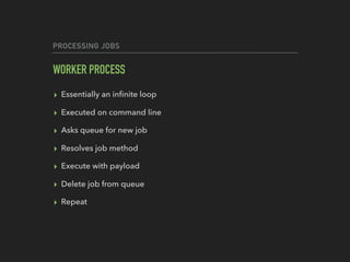 PROCESSING JOBS
WORKER PROCESS
▸ Essentially an inﬁnite loop
▸ Executed on command line
▸ Asks queue for new job
▸ Resolves job method
▸ Execute with payload
▸ Delete job from queue
▸ Repeat
 