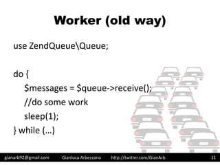 http://twitter.com/GianArb
Worker (old way)
use ZendQueueQueue;
do {
$messages = $queue->receive();
//do some work
sleep(1...