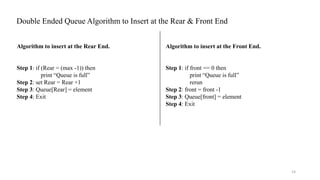 Double Ended Queue Algorithm to Insert at the Rear & Front End
14
Algorithm to insert at the Rear End.
Step 1: if (Rear = (max -1)) then
print “Queue is full”
Step 2: set Rear = Rear +1
Step 3: Queue[Rear] = element
Step 4: Exit
Algorithm to insert at the Front End.
Step 1: if front == 0 then
print “Queue is full”
rerun
Step 2: front = front -1
Step 3: Queue[front] = element
Step 4: Exit
 